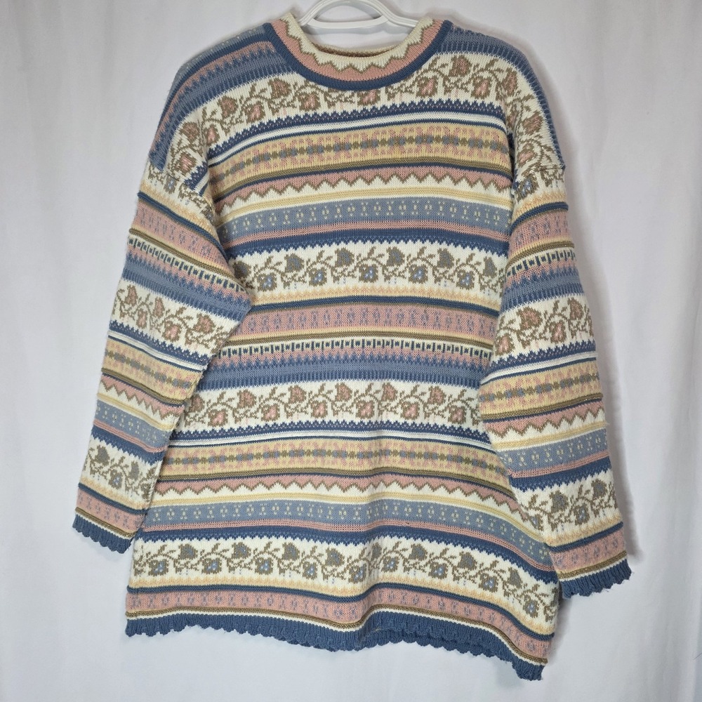 Jennifer Moore Sweater Floral Fair Isle Metallic Pastel Cottagecore Vintage Knit